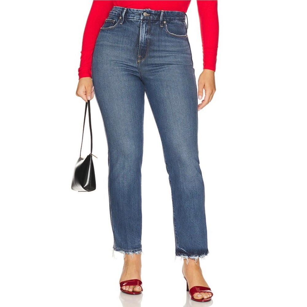 $179 Good American Good Curve Straight Jeans Indigo Blue HiRise Raw Hem Sz 12/31